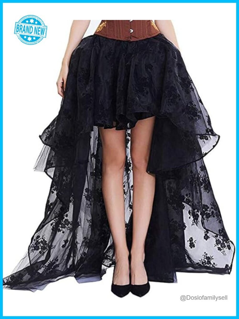 Gothic High Low Skater Skirt with Lace Embroidery Steampunk Party